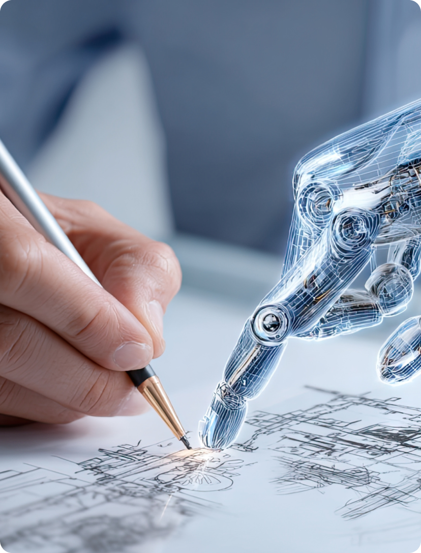 Robotic hand drawing a blueprint