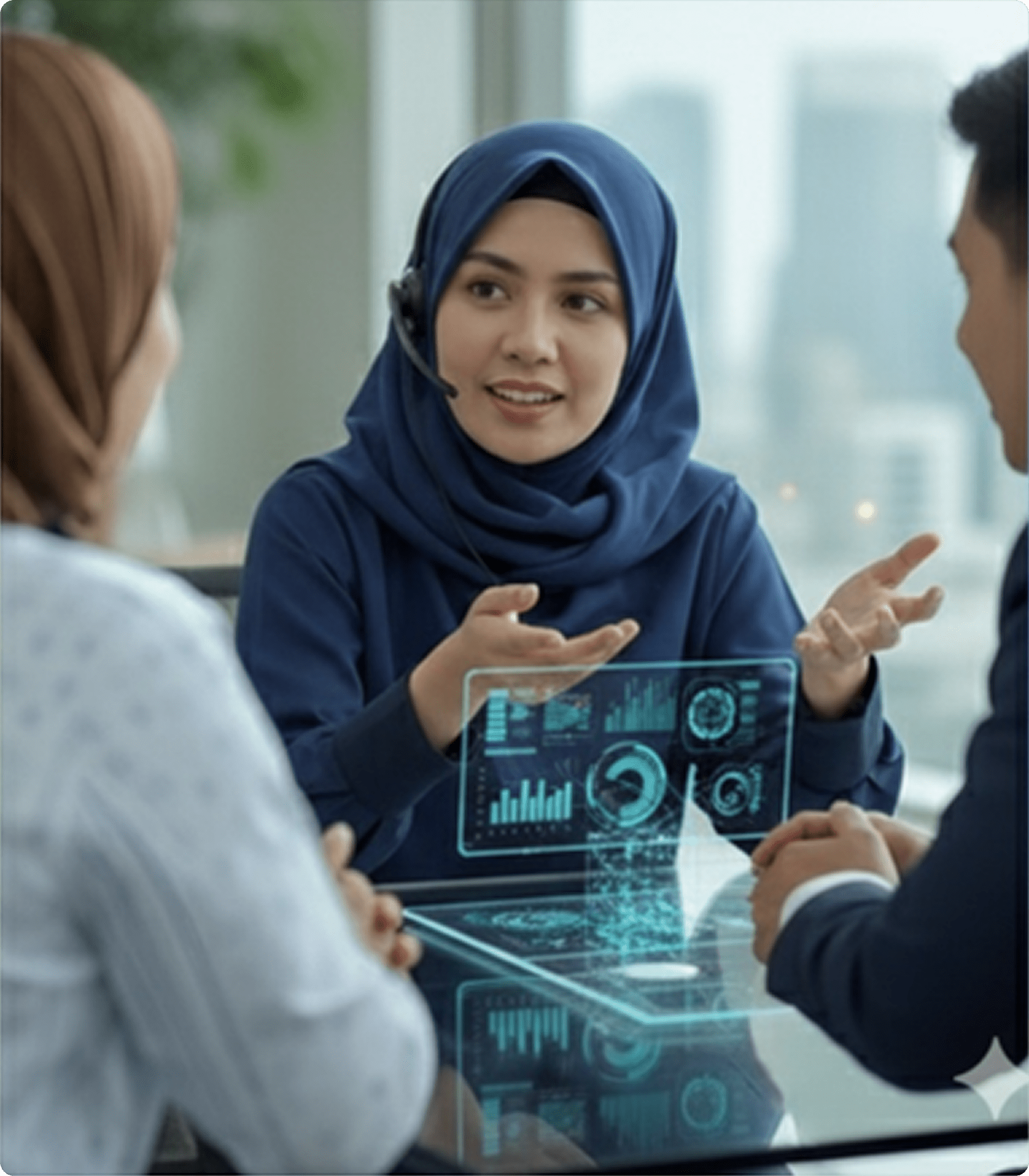 Consultation with financial charts overlay