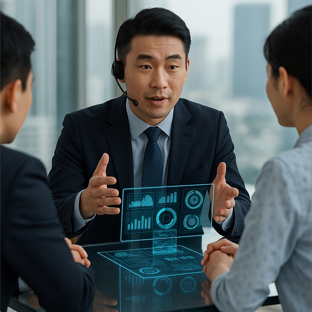 Consultation with financial charts overlay